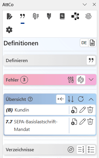 Der aufgeräumte "Definitionen"-Reiter