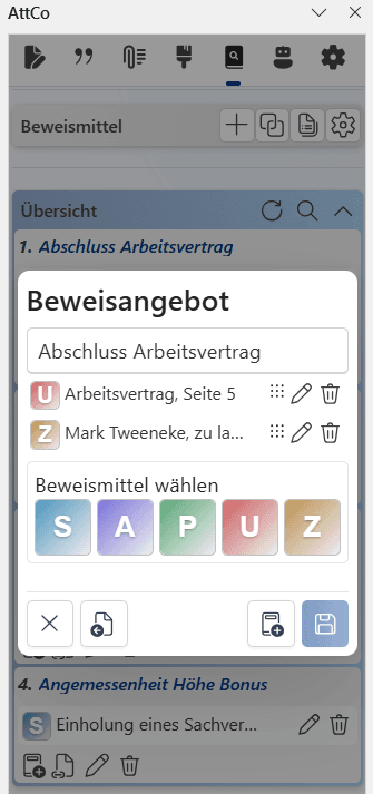 Beweismittel einfügen und editieren