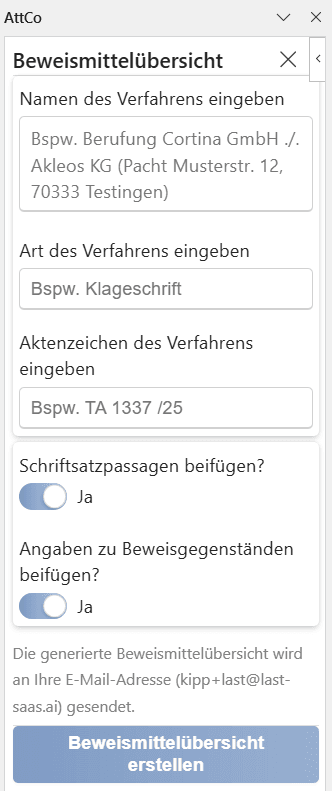 Die erweiterten Optionen für den Bericht zu den Beweisangeboten